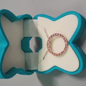 Pink CZ Circle Pendant & 16" Silver-tone  Chain